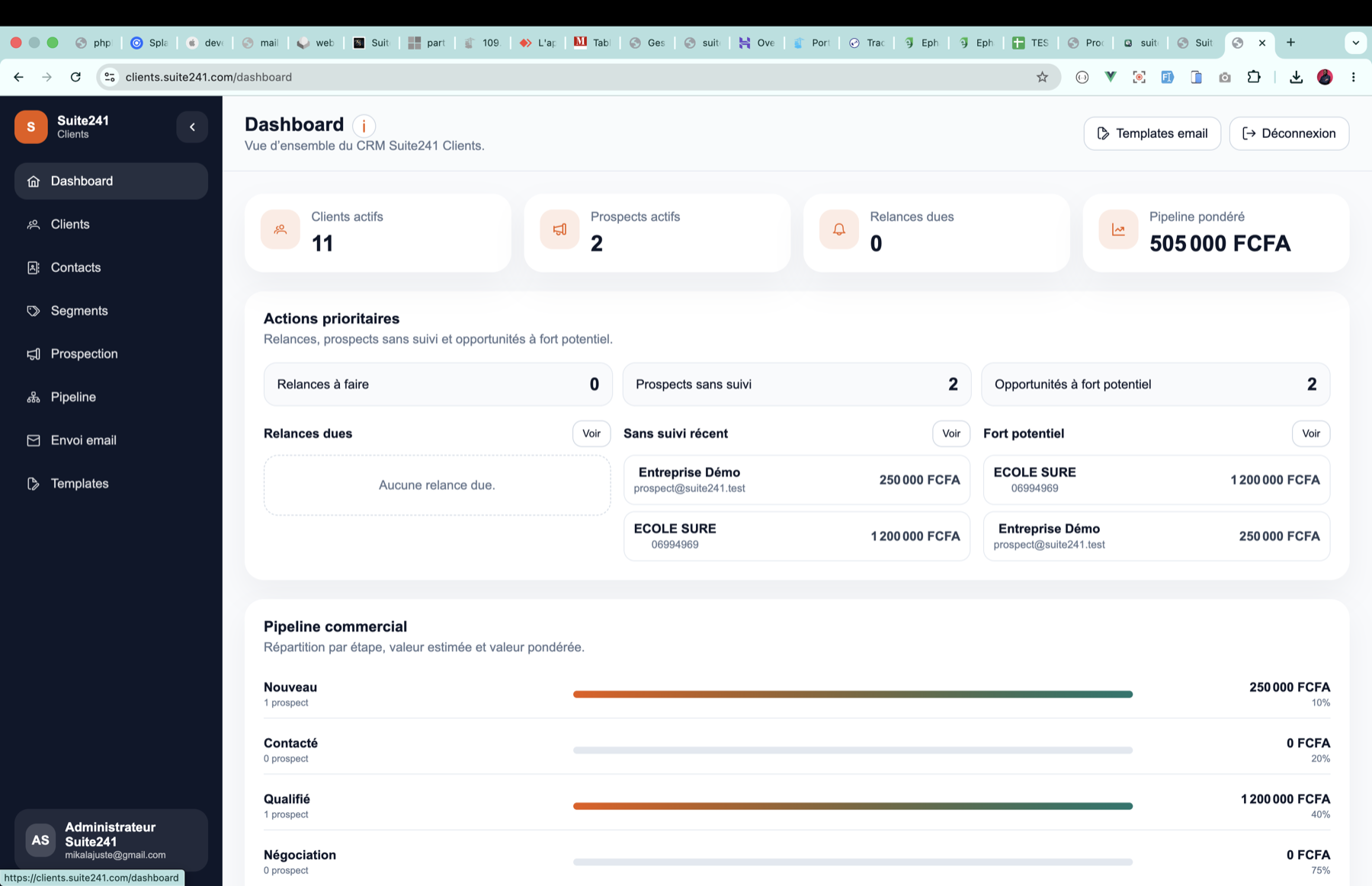 Tableau de bord Suite241 CRM avec clients, prospects, actions prioritaires et pipeline commercial